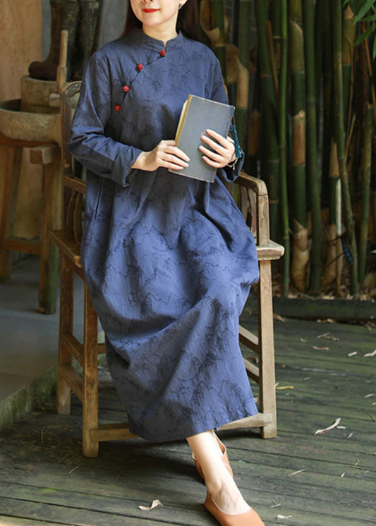Blue Mandarin Collar Button Print Dresses Caftan Long Sleeve