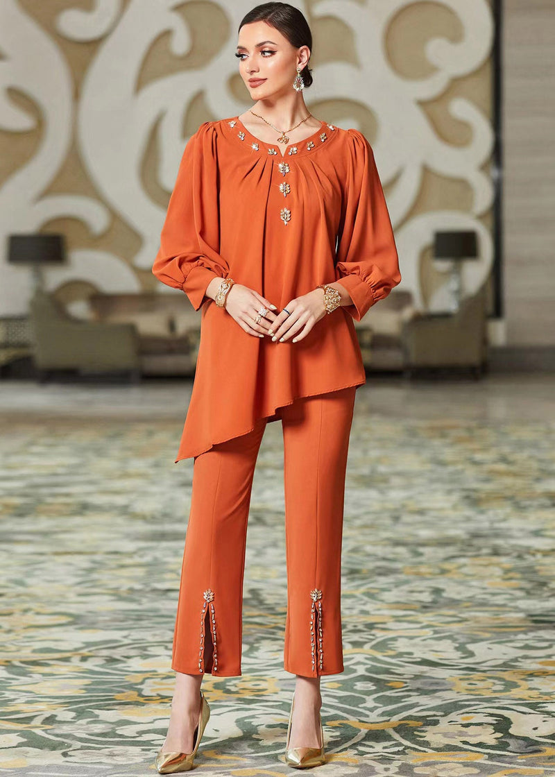 Modern Orange O-neck Asymmetrical Top and Crop Pants Two Piece Set Fall
