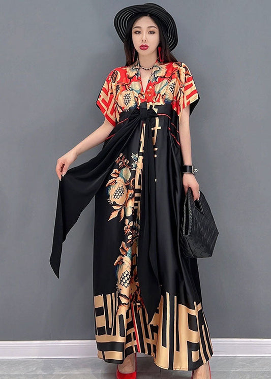Black Red V Neck Bow Print Satin Long Dresses Short Sleeve