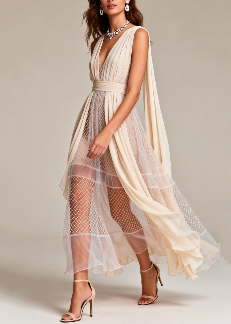 Beige Hollow Out Patchwork Tulle Evening Dress Summer