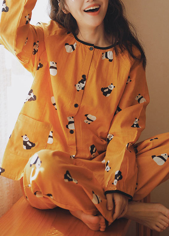 Art Yellow O-neck Animal Print Pockets Cotton Two Pieces Set Long Sleeve
