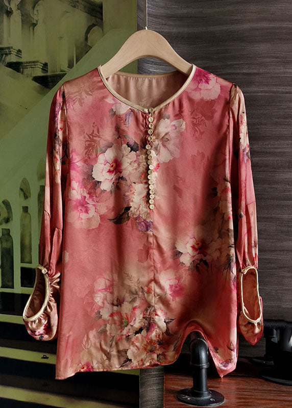 Red O Neck Print Silk Tops Lantern Sleeve
