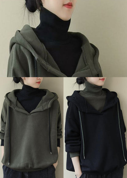 Italian Black Hooded Patchwork Fine Cotton Filled Sweatshirt Spring