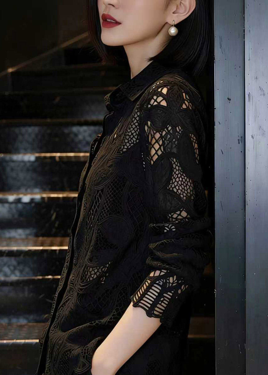Black Hollow Out Lace Shirt Long Sleeve