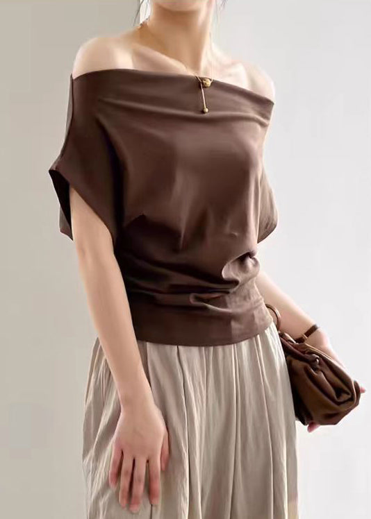 Coffee Cotton Summer T Shirts Cold Shoulder
