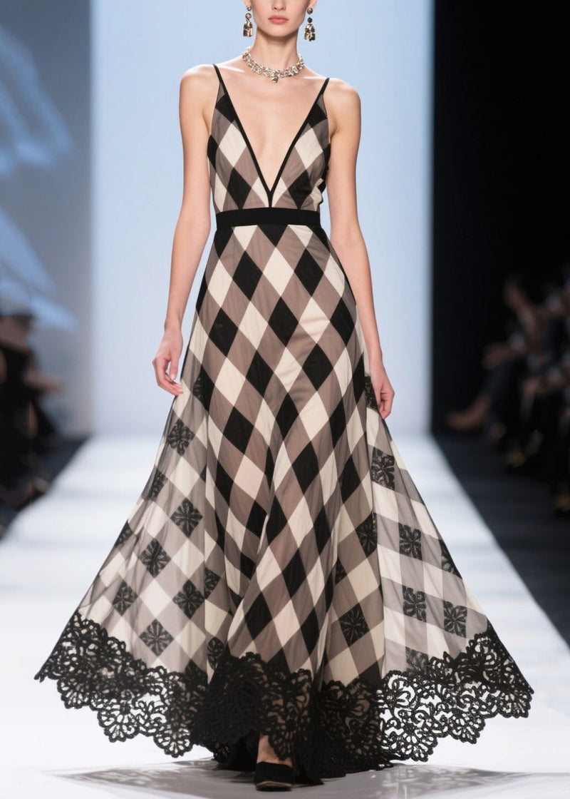 Colorblock Plaid Patchwork Lace Chiffon Evening Dress Summer