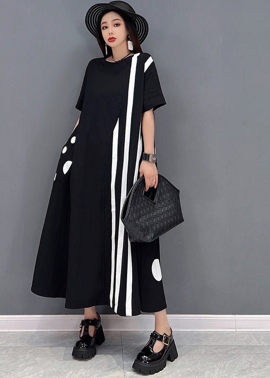 Black O-neck Asymmetrical Cotton Maxi Dresses Short Sleeve