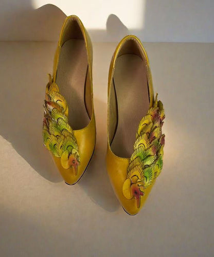 New Retro Style Yellow Pointed Toe Cowhide Leather Shoes
