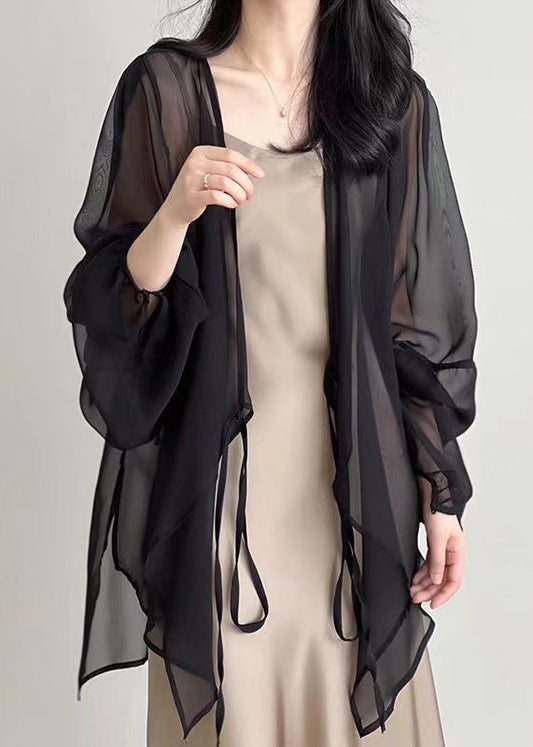 Black Lace Up Thin Chiffon Cardigan Spring