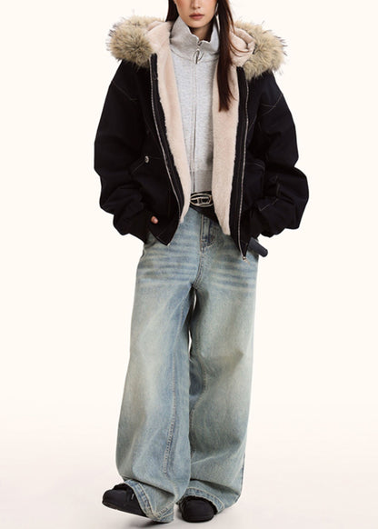 Classy Black Hooded Patchwork Warm Fleece Jacket Winter