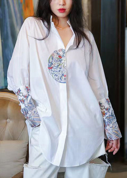 Handmade White Stand Collar Embroidered Cotton Shirts Top Spring
