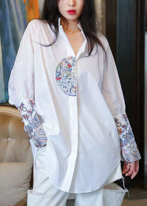 Handmade White Stand Collar Embroidered Cotton Shirts Top Spring