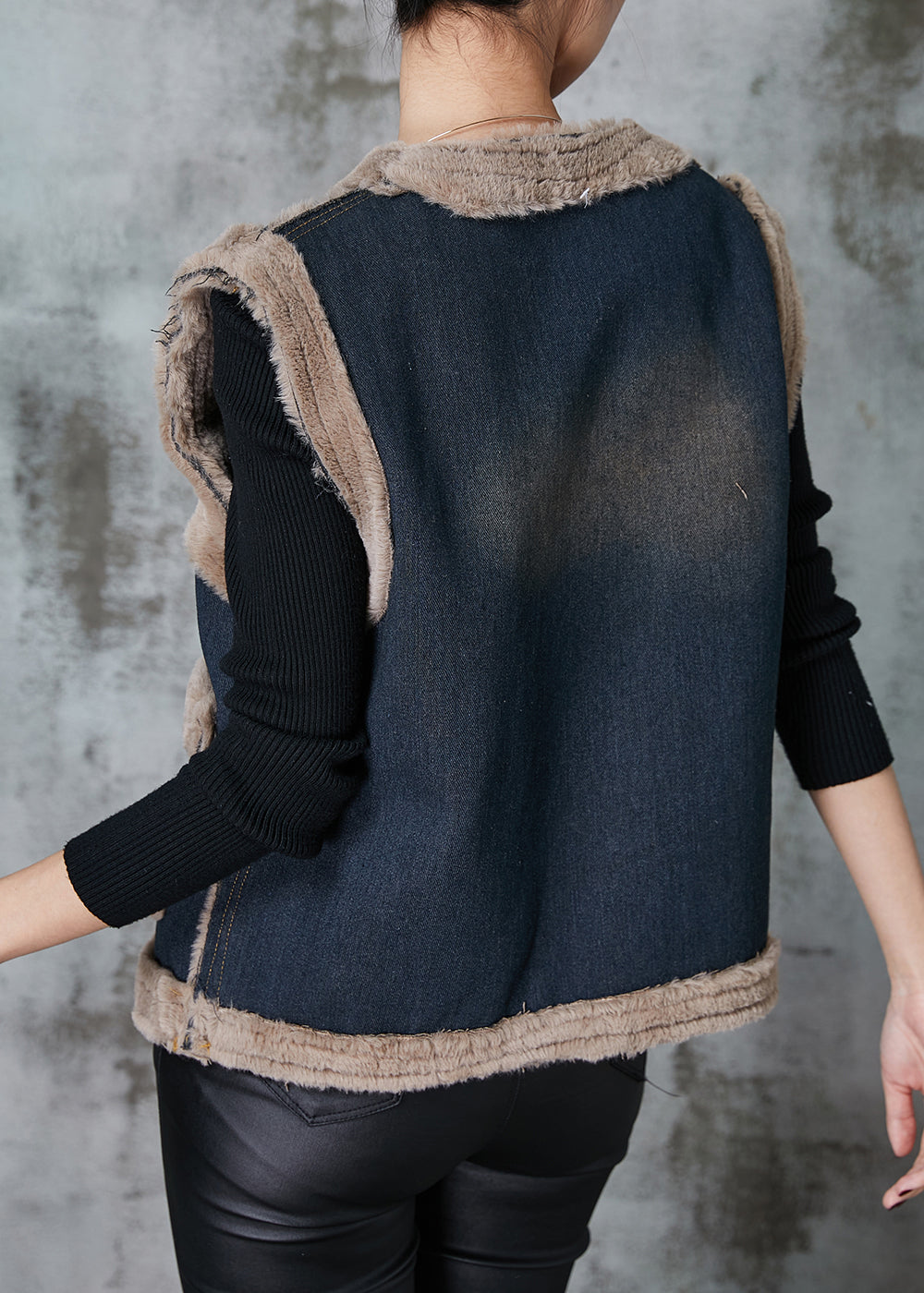Grey Pockets Patchwork Warm Fleece Denim Vests Spring