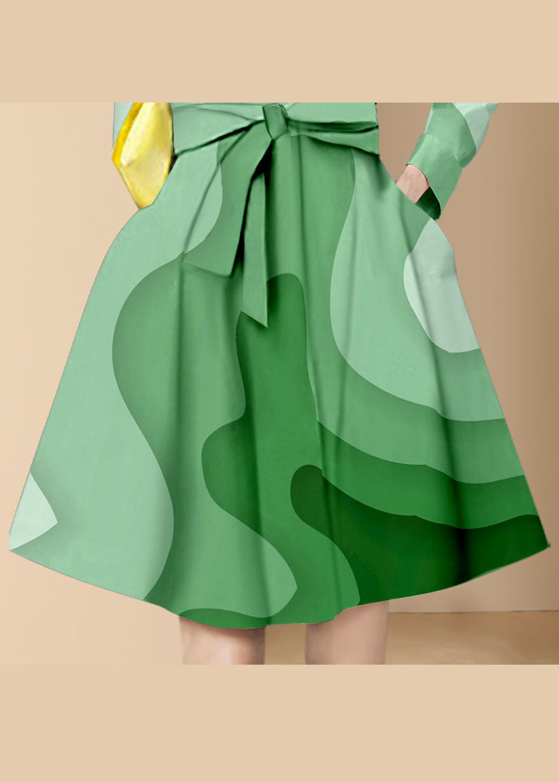 Italian Green Tie Waist Peter Pan Collar Print Shirt Dresses Long Sleeve