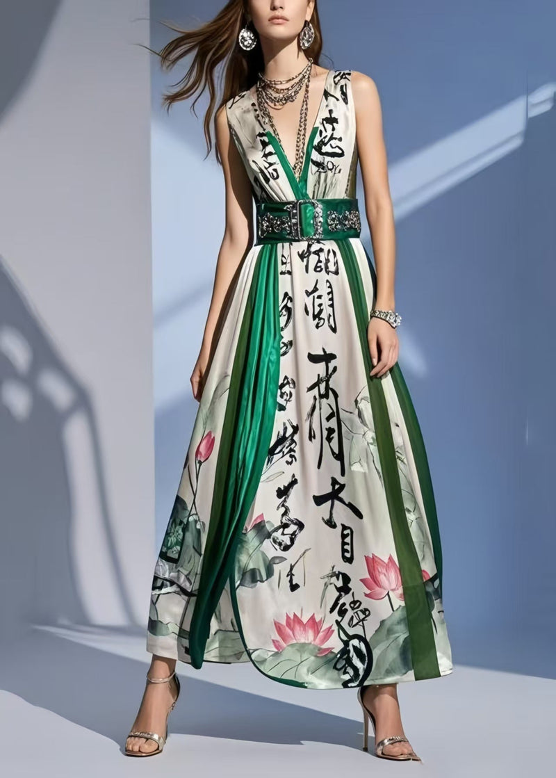 White Print Draping Silk Tunic Dresses Sleeveless