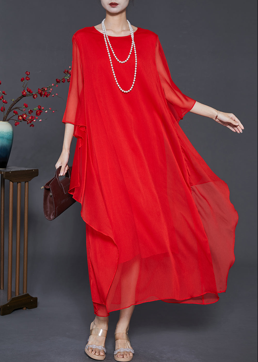 Modern Red Oversized Side Open Chiffon Beach Dresses Flare Sleeve