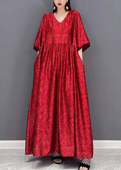 Red Chinese Style Silk Long Dress Wrinkled Short Sleeve Fall