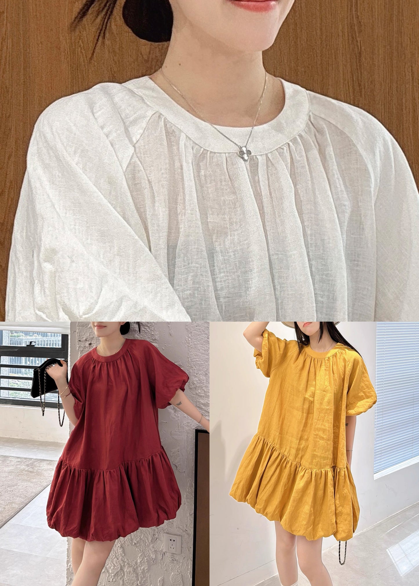 Wine Red Back Button Linen Dresses O Neck Puff Sleeve
