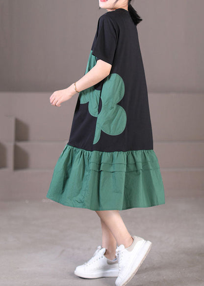 Handmade Black Green O-neck Wrinkled Cotton Long Dresses Short Sleeve