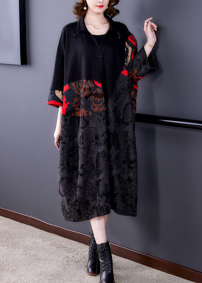Black Print Button Patchwork Cotton Long Coats Fall