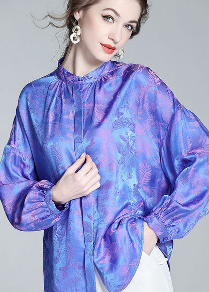 Blue Wrinkled Patchwork Jacquard Silk Shirts Spring