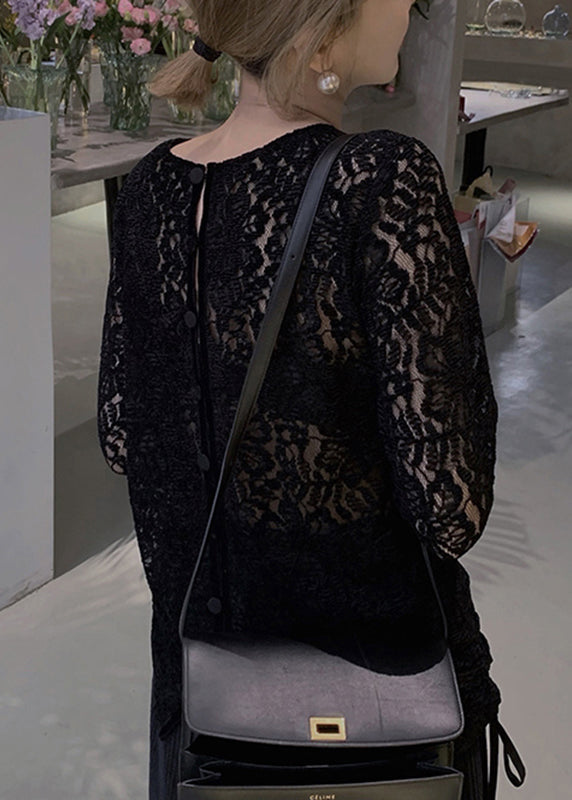 Art Apricot O-neck Patchwork Drawstring Silk Velour Lace Top Long Sleeve