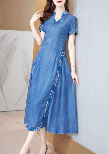 Blue Stand Collar Embroideried Butto Silk Denim Maxi Dresses Short Sleeve