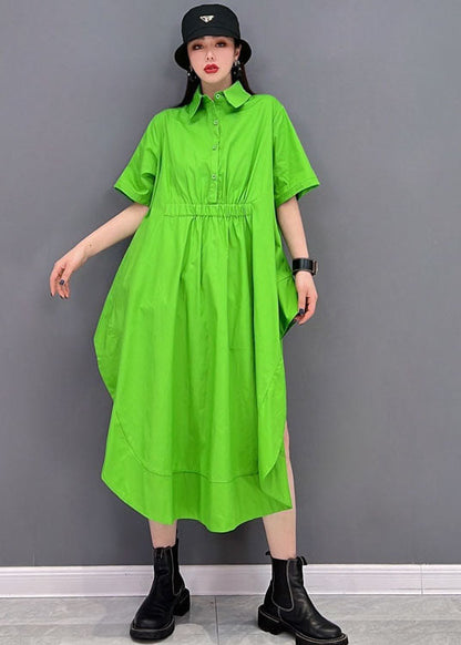 Green Asymmetrical Design Cotton Long Blouse Tops Short Sleeve