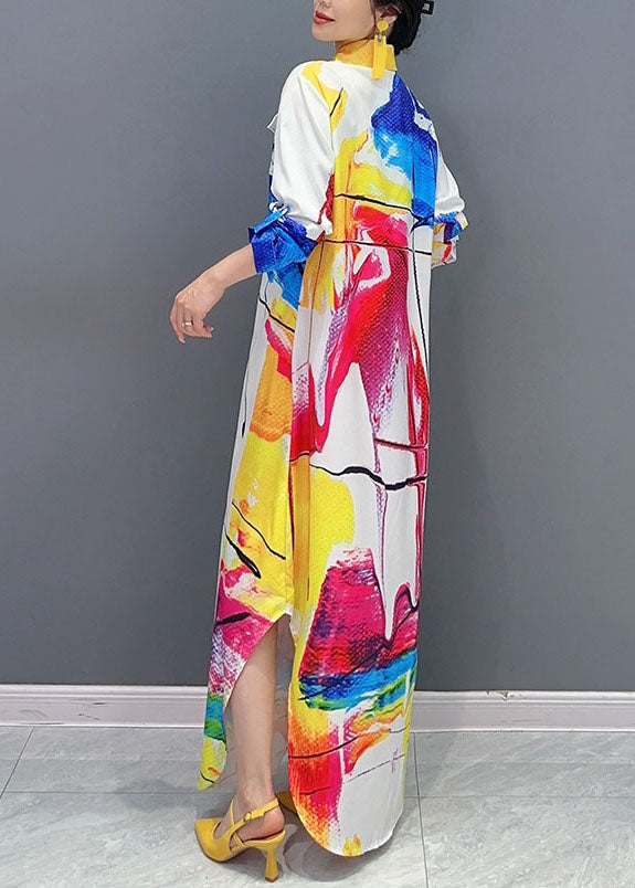 Colorblock Peter Pan Collar Print Button Maxi Shirts Dress Fall
