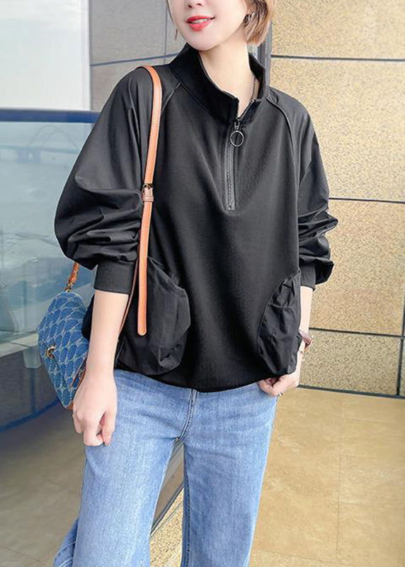 Chocolate Stand Collar Patchwork Zippered Sweatshirts Long Sleeve