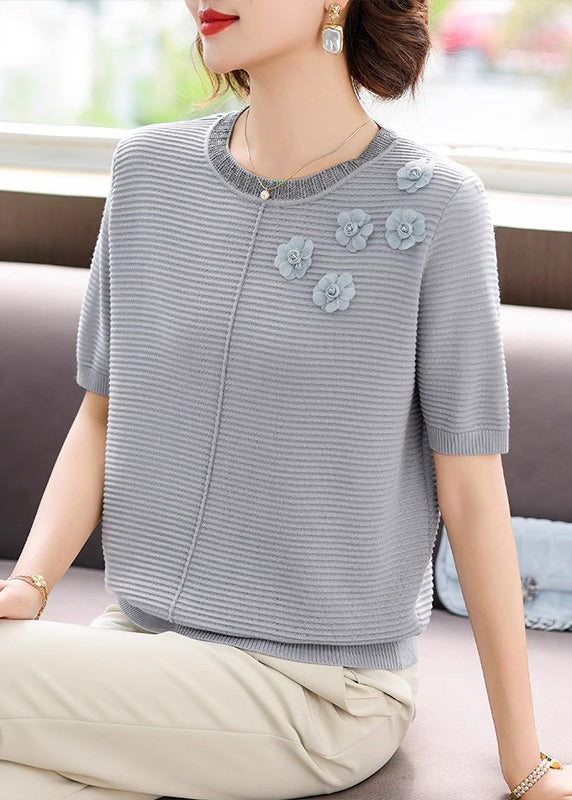 French Grey Striped Ice Silk Top Short Sleeve