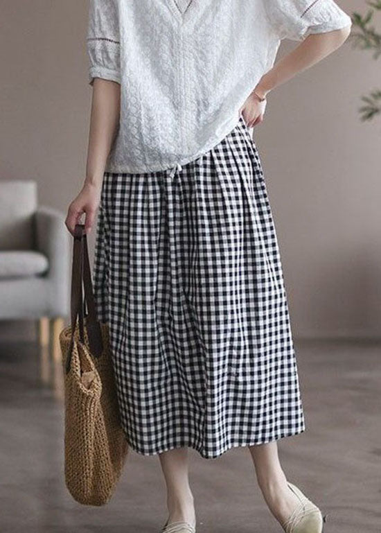 Plaid Wrinkled Pockets Patchwork Cotton Skirts Summer