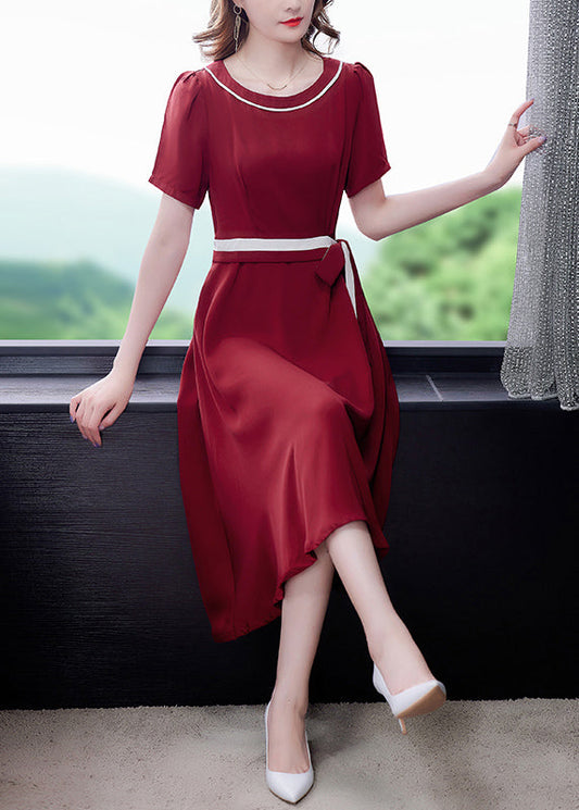 Mulberry O-neck Tie Waist Exra Large Hem Silk Long Dress Short Sleeve