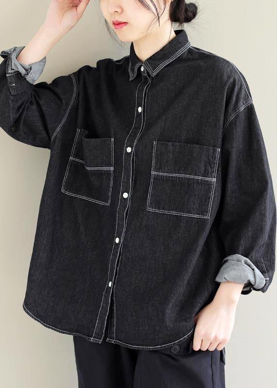 Denim Black Top Silhouette Lapel Pockets Vestidos De Lino Spring Shirts