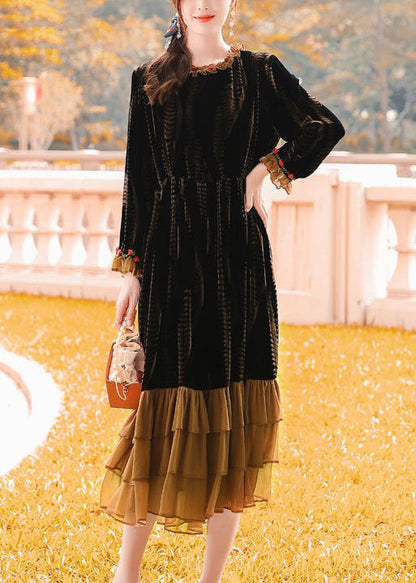 Brown Cinched Patchwork Ruffles Silk Velour Dress Spring