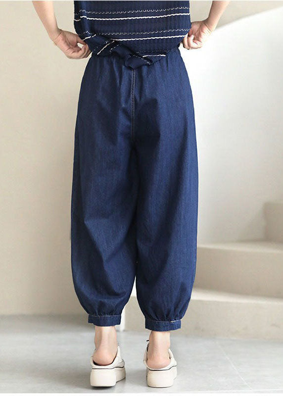 Navy Elastic Waist Drawstring Pockets Cotton Denim Beam Pants Summer