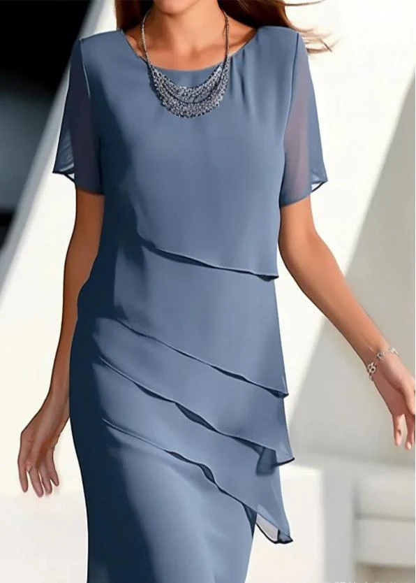 French Khaki O-neck Layered Chiffon Maxi Dresses Short Sleeve Summer