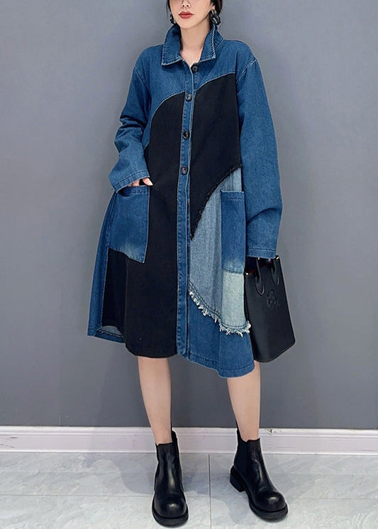 Blue Asymmetrical Button Pockets Denim Blouses Fall