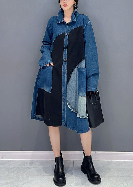 Blue Asymmetrical Button Pockets Denim Blouses Fall