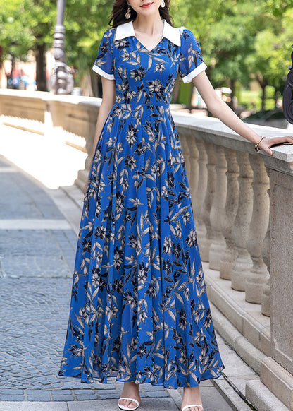 Blue Peter Pan Collar Print Wrinkled Chiffon Long Dress Summer