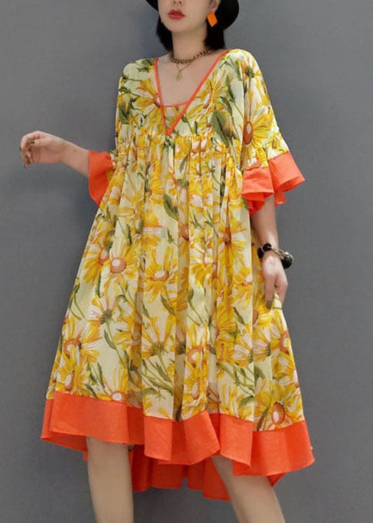 Orange V Neck Wrinkled Print Chiffon Dress Flare Sleeve