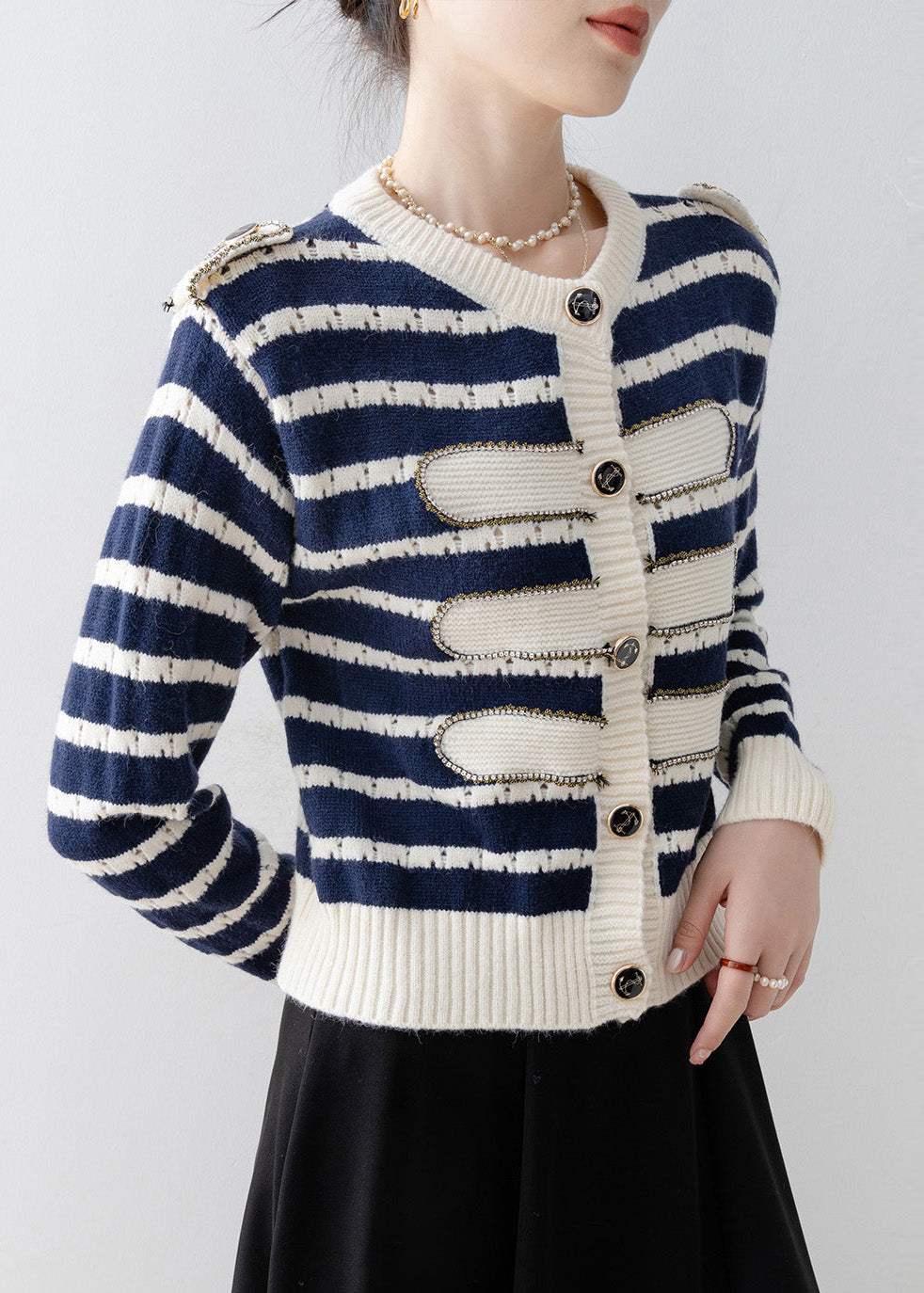 Navy O-neck Striped Knit Cardigan Spring