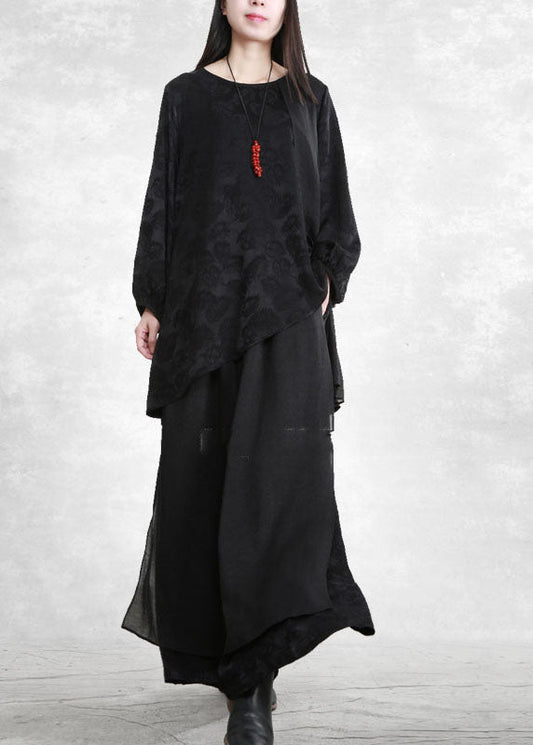Black Asymmetrical Design Jacquard Silk Two Piece Set Spring