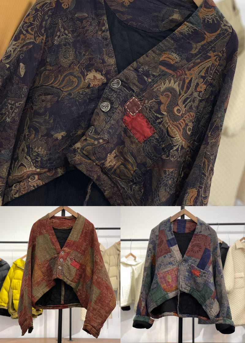 Orange Asymmetrical Pockets Print Cotton Filled Witner Coats