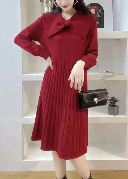 Pink Bow Wrinkled Knit Sweater Dress Winter
