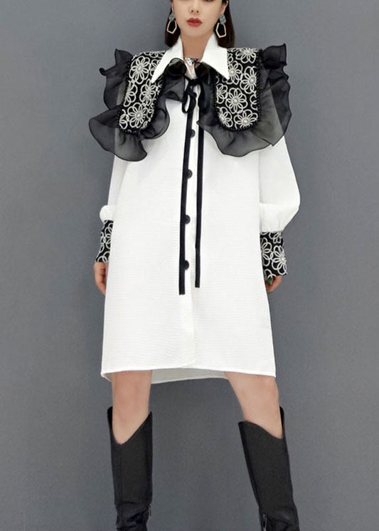 White Button Peter Pan Collar Lace Patchwork Shirt Dresses Spring
