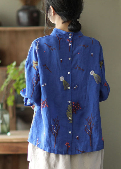 Stylish Blue Embroideried Retro Linen Blouse Tops Spring