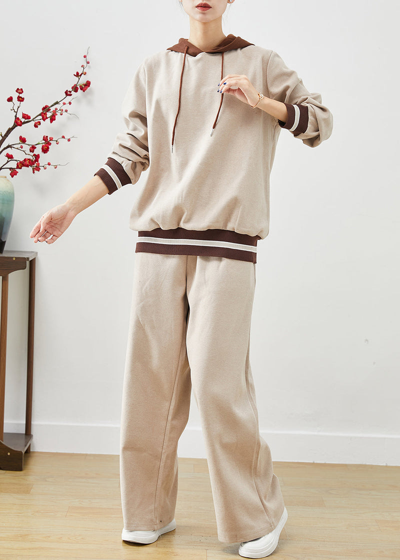 Beige Hooded Patchwork Cotton Sweatshirt Two Piece Set Outfits Fall