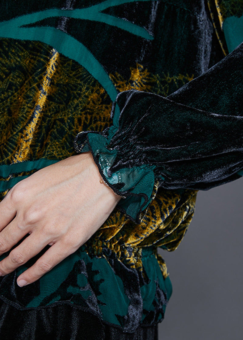 Green Print Oversized Silk Velour Two Pieces Set Fall