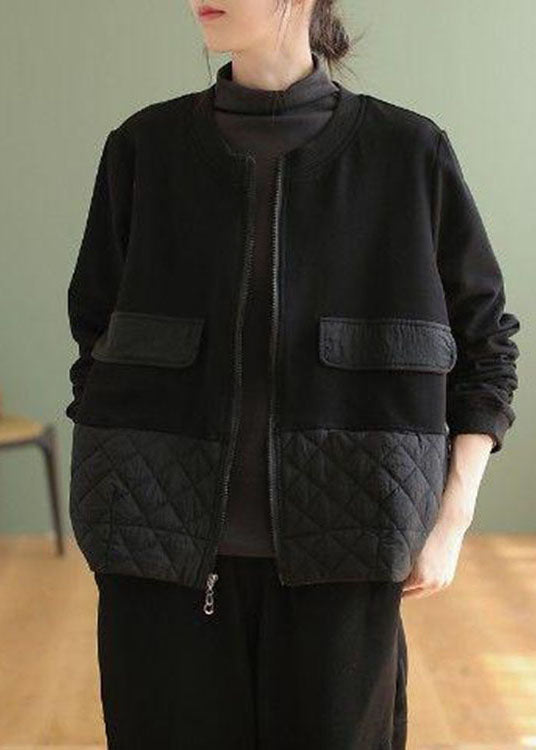 Black Zip Up Patchwork Warm Fleece Jacket Spring